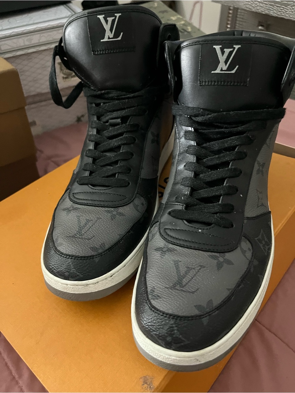 Louis Vuitton Men’s Gray and Black Monogram High-Top Sneakers